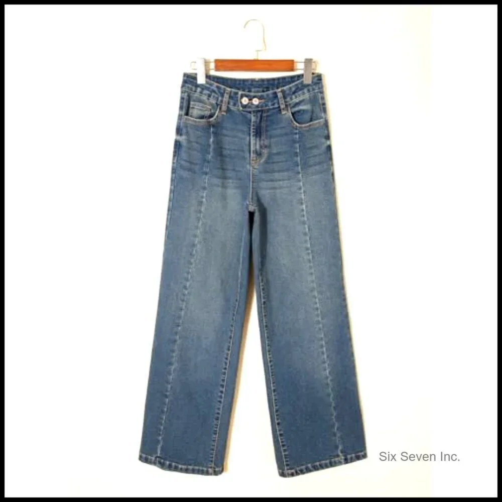 Wide Leg Jeans High Waisted Stretchy Baggy Front Seam Denim Pants Y2K